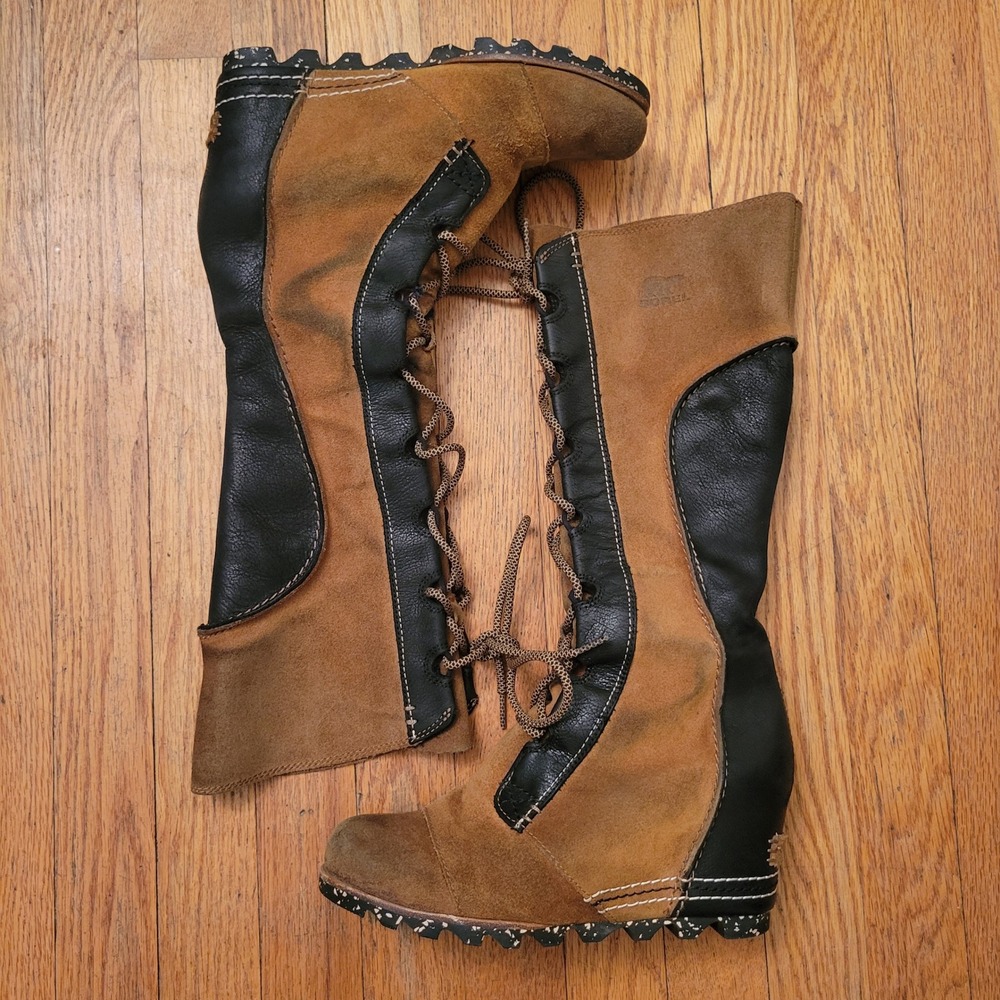 Sorel 8 Cate the Great Wedge Tall Boots Tan Black Leather Suede Winter Granola